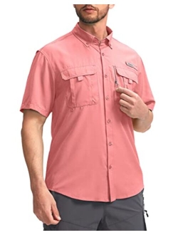 Pudolla Men's Fishing Shirts Short Sleeve Travel Work Shirts Summer Button Down Shirts for Men UPF50+ with Zipper Pockets