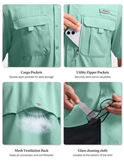 Pudolla Men's Fishing Shirts Short Sleeve Travel Work Shirts Summer Button Down Shirts for Men UPF50+ with Zipper Pockets