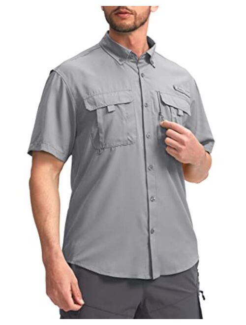 Pudolla Men's Fishing Shirts Short Sleeve Travel Work Shirts Summer Button Down Shirts for Men UPF50+ with Zipper Pockets