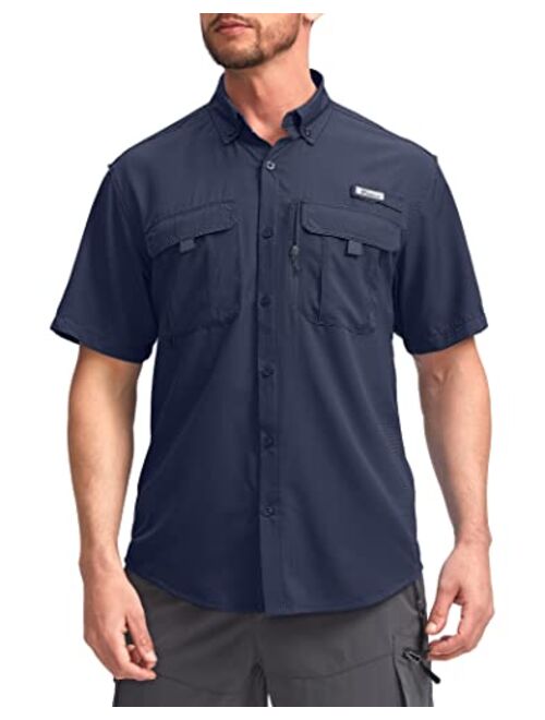 Pudolla Men's Fishing Shirts Short Sleeve Travel Work Shirts Summer Button Down Shirts for Men UPF50+ with Zipper Pockets