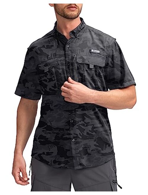 Pudolla Men's Fishing Shirts Short Sleeve Travel Work Shirts Summer Button Down Shirts for Men UPF50+ with Zipper Pockets