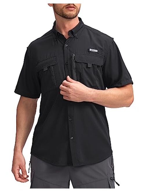 Pudolla Men's Fishing Shirts Short Sleeve Travel Work Shirts Summer Button Down Shirts for Men UPF50+ with Zipper Pockets