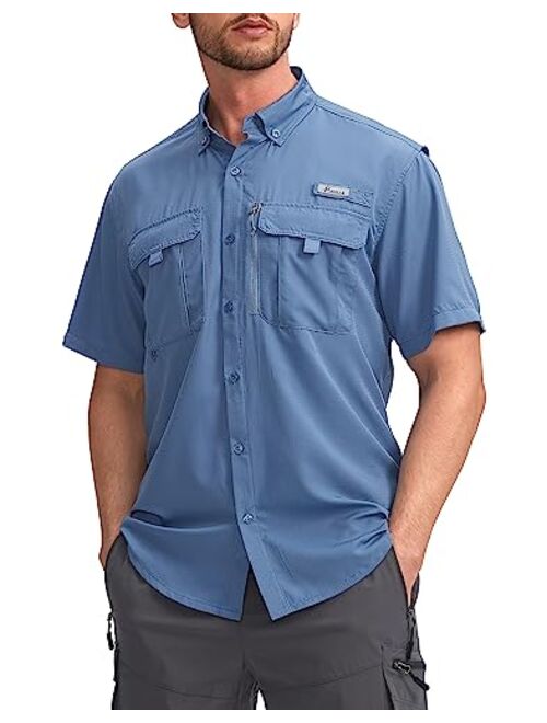 Pudolla Men's Fishing Shirts Short Sleeve Travel Work Shirts Summer Button Down Shirts for Men UPF50+ with Zipper Pockets