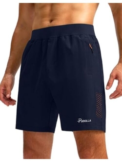 Pudolla Men's Workout Running Shorts with 3 Zipper Pockets Lightweight 7" Gym Shorts for Men Athletic Walking Hiking