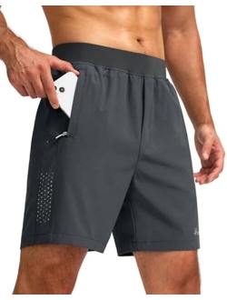 Pudolla Men's Workout Running Shorts with 3 Zipper Pockets Lightweight 7" Gym Shorts for Men Athletic Walking Hiking