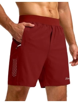 Pudolla Men's Workout Running Shorts with 3 Zipper Pockets Lightweight 7" Gym Shorts for Men Athletic Walking Hiking