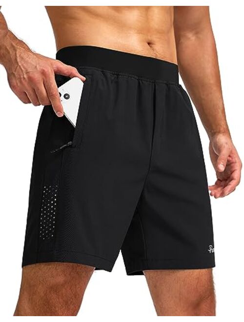 Pudolla Men's Workout Running Shorts with 3 Zipper Pockets Lightweight 7" Gym Shorts for Men Athletic Walking Hiking