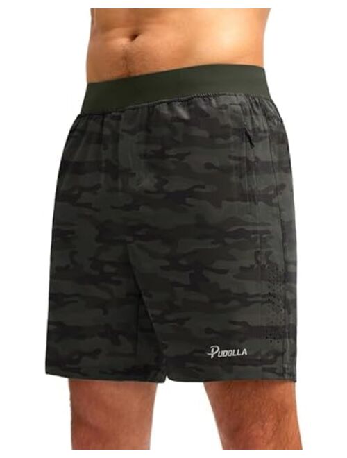 Pudolla Men's Workout Running Shorts with 3 Zipper Pockets Lightweight 7" Gym Shorts for Men Athletic Walking Hiking