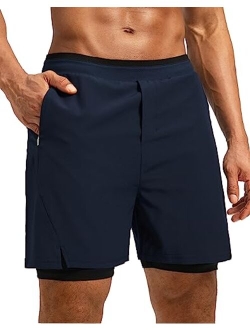 Pudolla Men's 2 in 1 Running Shorts 7" Lightweight Workout Athletic Gym Shorts for Men with Zipper Pockets