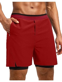 Pudolla Men's 2 in 1 Running Shorts 7" Lightweight Workout Athletic Gym Shorts for Men with Zipper Pockets