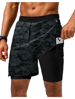 Pudolla Men's 2 in 1 Running Shorts 7" Lightweight Workout Athletic Gym Shorts for Men with Zipper Pockets