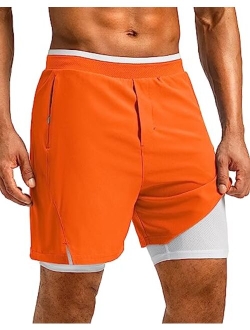 Pudolla Men's 2 in 1 Running Shorts 7" Lightweight Workout Athletic Gym Shorts for Men with Zipper Pockets