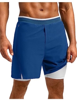 Pudolla Men's 2 in 1 Running Shorts 7" Lightweight Workout Athletic Gym Shorts for Men with Zipper Pockets