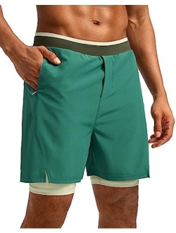 Pudolla Men's 2 in 1 Running Shorts 7" Lightweight Workout Athletic Gym Shorts for Men with Zipper Pockets