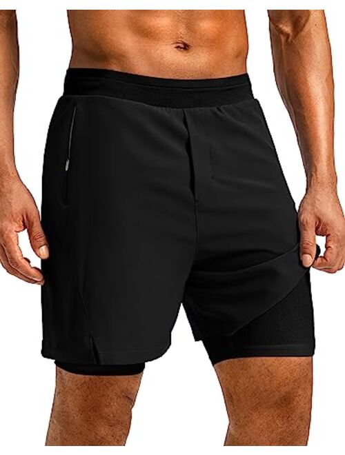 Pudolla Men's 2 in 1 Running Shorts 7" Lightweight Workout Athletic Gym Shorts for Men with Zipper Pockets