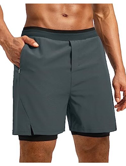 Pudolla Men's 2 in 1 Running Shorts 7" Lightweight Workout Athletic Gym Shorts for Men with Zipper Pockets