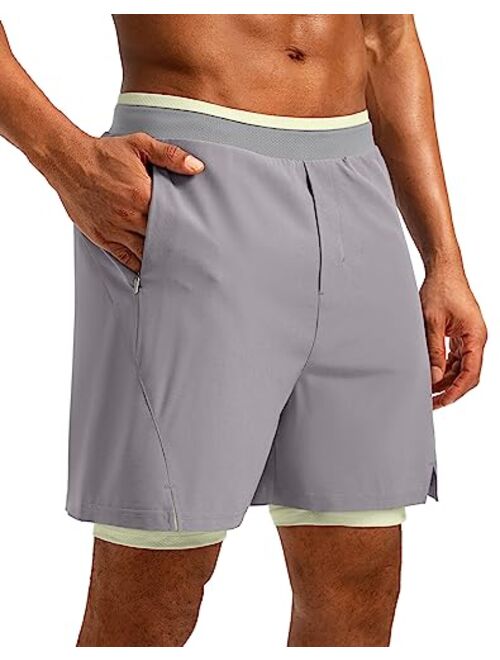 Pudolla Men's 2 in 1 Running Shorts 7" Lightweight Workout Athletic Gym Shorts for Men with Zipper Pockets