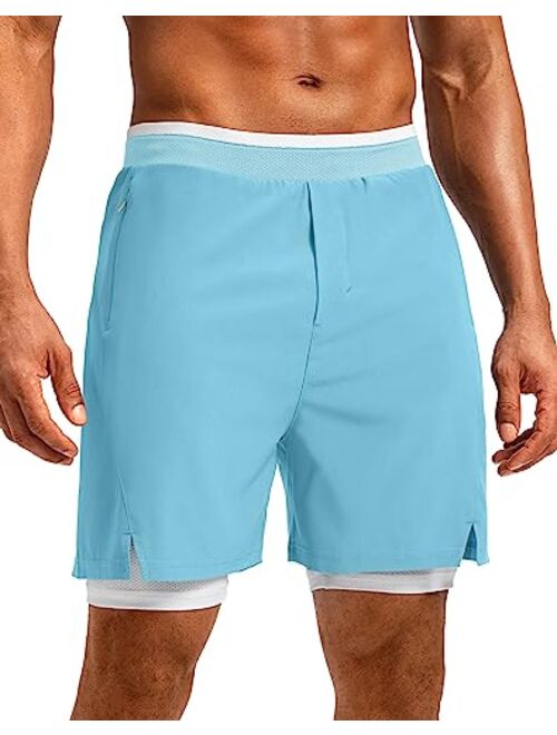 Pudolla Men's 2 in 1 Running Shorts 7" Lightweight Workout Athletic Gym Shorts for Men with Zipper Pockets