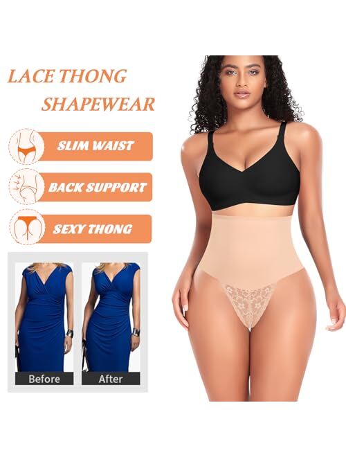 Werena Tummy Control Thong Shapewear for Women Mid High Waisted Body Shaper Underwear Lace Shaping Thong Girdle Panties