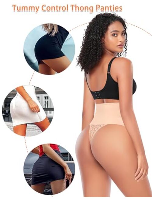 Werena Tummy Control Thong Shapewear for Women Mid High Waisted Body Shaper Underwear Lace Shaping Thong Girdle Panties