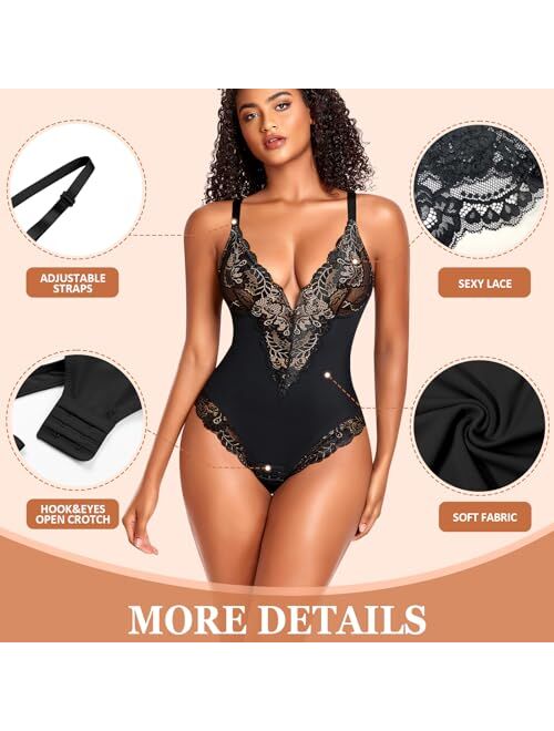 Werena Shapewear for Women Tummy Control Bodysuit Sculpting Body Shaper Slimming Thong Bodysuit Lace Shapewear