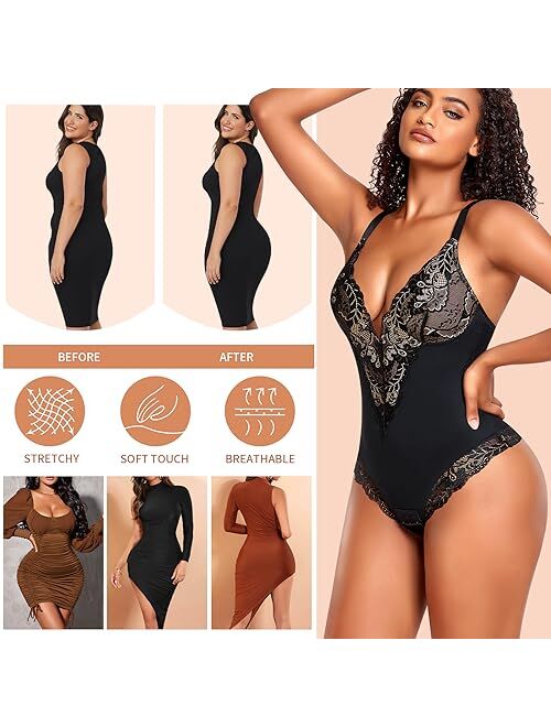 Werena Shapewear for Women Tummy Control Bodysuit Sculpting Body Shaper Slimming Thong Bodysuit Lace Shapewear