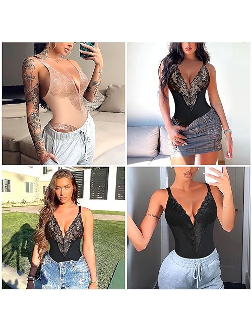 Werena Shapewear for Women Tummy Control Bodysuit Sculpting Body Shaper Slimming Thong Bodysuit Lace Shapewear