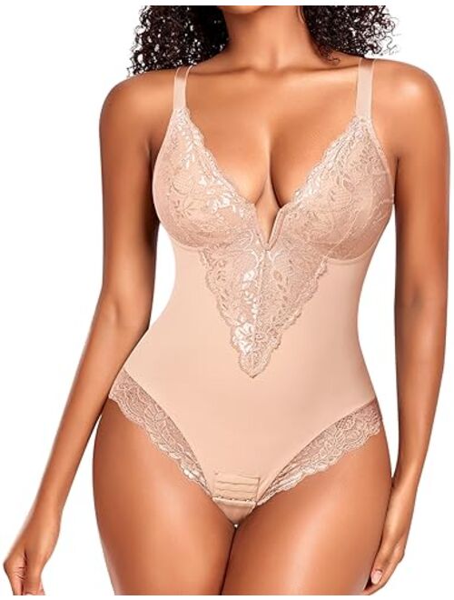 Werena Shapewear for Women Tummy Control Bodysuit Sculpting Body Shaper Slimming Thong Bodysuit Lace Shapewear