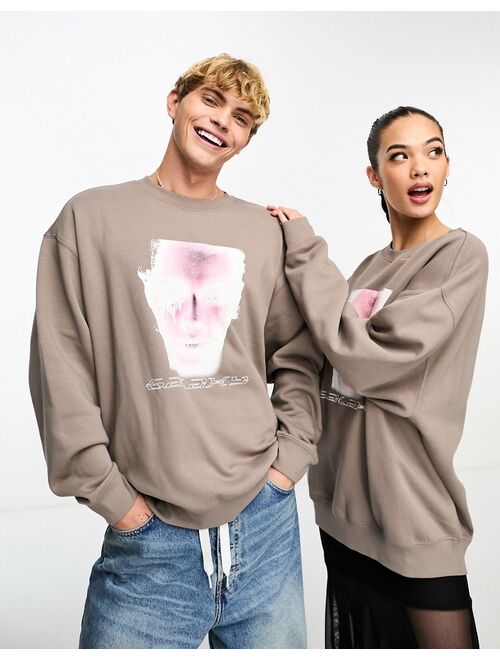 Weekday Unisex oversized graphic sweatshirt in mole exclusive to ASOS