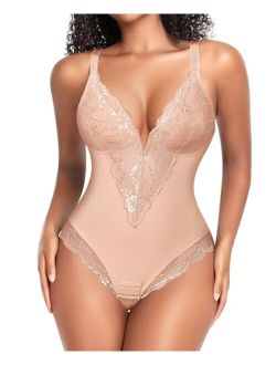 Lace Tummy Control Shapewear Bodysuit for Women Slimming Body Shaper V Neck Sculpting Thong Bodysuit