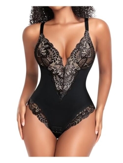 Lace Tummy Control Shapewear Bodysuit for Women Slimming Body Shaper V Neck Sculpting Thong Bodysuit