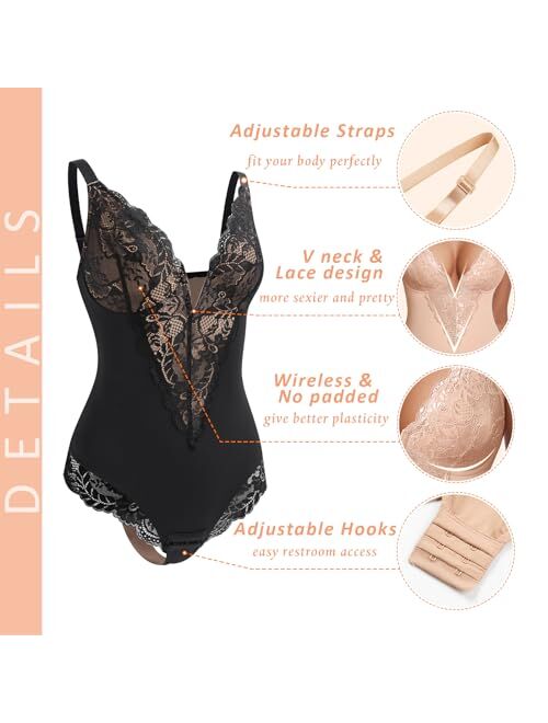 Werena Lace Tummy Control Shapewear Bodysuit for Women Slimming Body Shaper V Neck Sculpting Thong Bodysuit