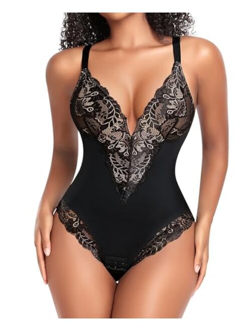 Werena Lace Tummy Control Shapewear Bodysuit for Women Slimming Body Shaper V Neck Sculpting Thong Bodysuit