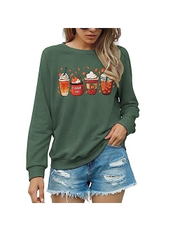 CM C&M WODRO Women's Pumpkin Coffee Graphic Sweatshirt Funny Thanksgiving Pullover Long Sleeve Crewneck Casual Shirts