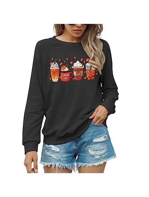 CM C&M WODRO Women's Pumpkin Coffee Graphic Sweatshirt Funny Thanksgiving Pullover Long Sleeve Crewneck Casual Shirts