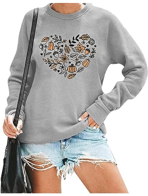 AIIWEIS Thanksgiving Sweatshirt for Women Pumpkin Heart Print Long Sleeve Shirt Casual Fall Autumn Pullover Top