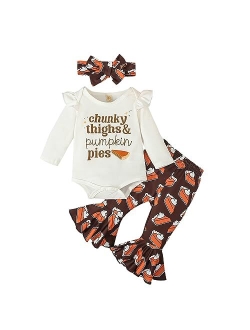 Tinypainter Baby Girl Thanksgiving Outfit Pumpkin Pie Romper+Flare Pants Newborn Girl Turkey Day Clothes 0-18 Months