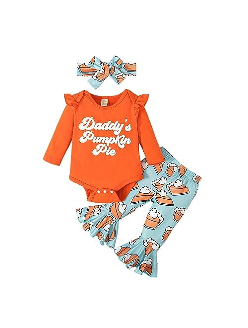 Tinypainter Baby Girl Thanksgiving Outfit Pumpkin Pie Romper+Flare Pants Newborn Girl Turkey Day Clothes 0-18 Months