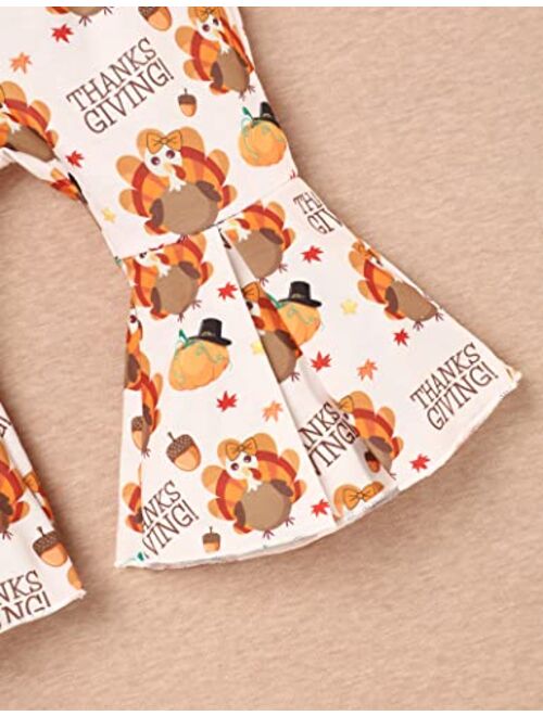 Menglang My First Thanksgiving Baby Girl Outfit Romper Long Sleeve Romper Bell-Bottom Pants Fall Winter Clothes Set