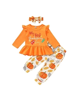 SEVEN YOUNG My First Thanksgiving Outfits Kids Toddler Baby Girls Ruffle Sleeve Shirt+Pants Set Fall Clothes