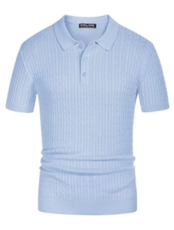 Mens Knitted Polo Shirts Cable Short Sleeve Golf Polo Shirt Breathable Knitting Polo Shirts