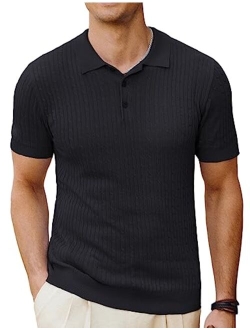 Mens Knitted Polo Shirts Cable Short Sleeve Golf Polo Shirt Breathable Knitting Polo Shirts