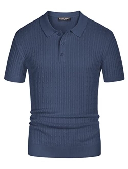 Mens Knitted Polo Shirts Cable Short Sleeve Golf Polo Shirt Breathable Knitting Polo Shirts