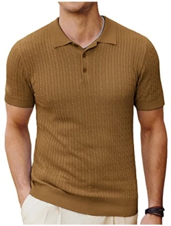 Mens Knitted Polo Shirts Cable Short Sleeve Golf Polo Shirt Breathable Knitting Polo Shirts