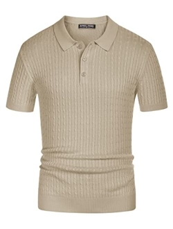 Mens Knitted Polo Shirts Cable Short Sleeve Golf Polo Shirt Breathable Knitting Polo Shirts