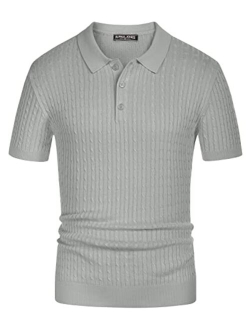 Mens Knitted Polo Shirts Cable Short Sleeve Golf Polo Shirt Breathable Knitting Polo Shirts