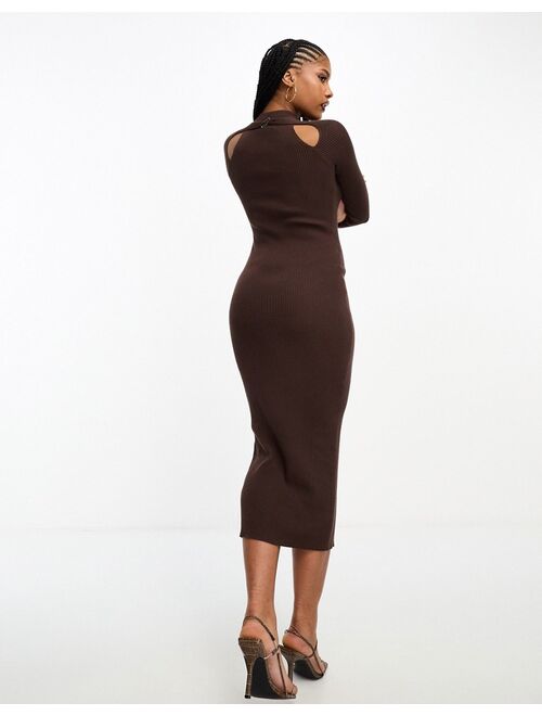 Simmi Clothing Simmi knitted midi sweater dress with cut out detail in chocolate