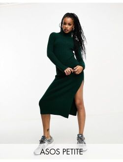 ASOS Petite ASOS DESIGN Petite knitted maxi dress with high neck and side split in dark green