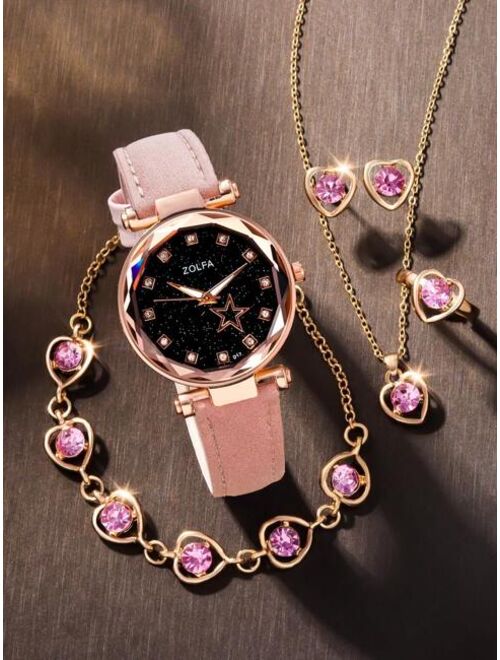 Shein 1pc Girls Rhinestone Decor Quartz Watch & 5pcs Jewelry Set