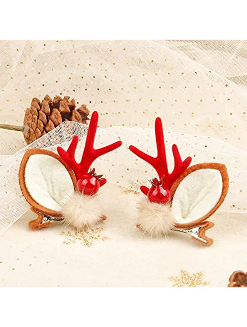 Diuewow Christmas Hair Clips Deer Horns Ears Hairclips Cute Reindeer Antlers Hairpins Christmas Barrettes Xmas Headpiece Berries Mink Fur Headdress for Women Girls Kids A